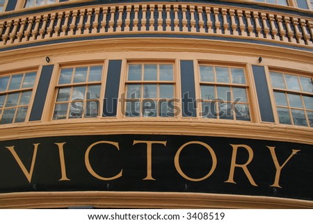 Victory sign on old  Britsh ship of Admiral Lord Nelson