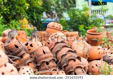 Couple of birds on background with a view of different clay objects at a pottery shop