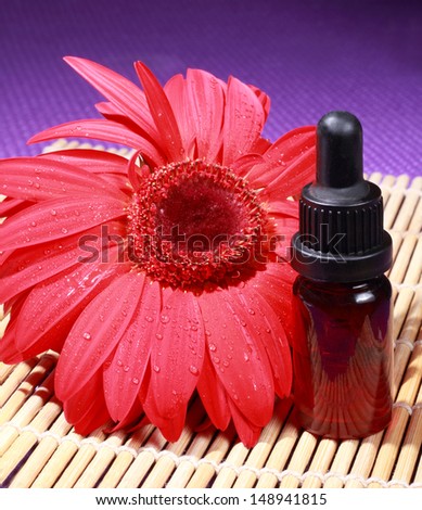 bottle of essential oil and red gerbera on bamboo mat, come on, let\'s go spa.