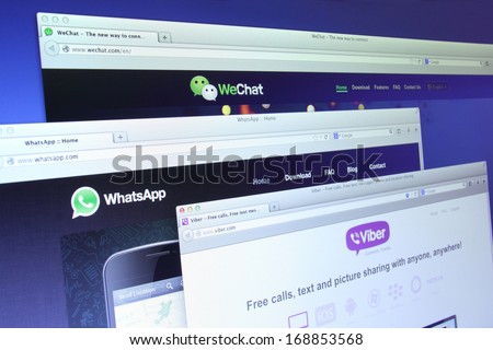 Johor, Malaysia - Dec 05, 2013: Photo of WhatsApp, WeChat and Viber on a monitor screen. They are famous instant messaging application for smartphones, Dec 05, 2013 in Johor, Malaysia.