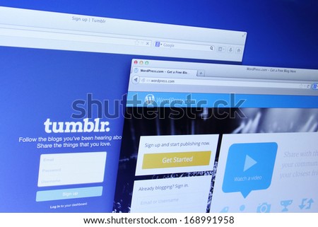 Johor, Malaysia - Dec 12, 2013: Photo of WordPress and Tumblr webpages on a monitor screen. They are famous websites in the world, Dec 12, 2013 in Johor, Malaysia.