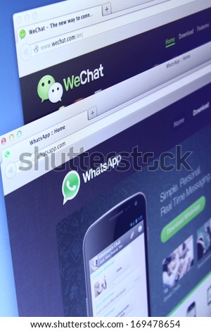 Johor, Malaysia - Dec 05, 2013: Photo of WhatsApp and WeChat on a monitor screen. They are famous instant messaging application for smartphones, Dec 05, 2013 in Johor, Malaysia.