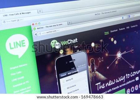 Johor, Malaysia - Dec 09, 2013: Photo of Line and WeChat on a monitor screen. They are famous instant messaging application for smartphones, Dec 09, 2013 in Johor, Malaysia.