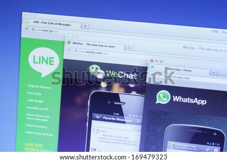 Johor, Malaysia - Dec 09, 2013: Photo of Line, WhatsApp and WeChat on a monitor screen. They are famous instant messaging application for smartphones, Dec 09, 2013 in Johor, Malaysia.