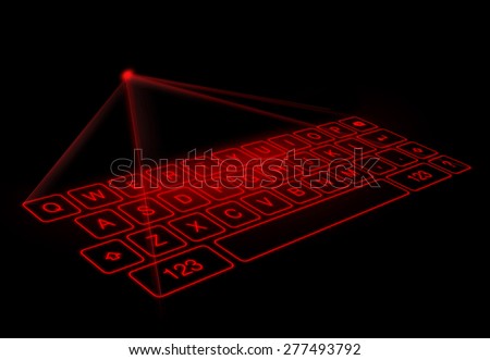 Digital virtual keyboard on black background. A projection keyboard is a form of computer input device whereby the image of a virtual keyboard is projected onto a surface.