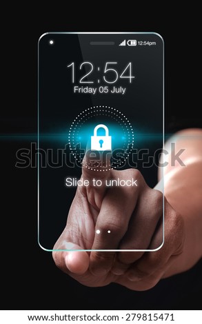 Transparent smartphone with lock icon on blue background. Slide up to unlock your phone. Easy Lock is the easiest way for locking or unlocking your phone.