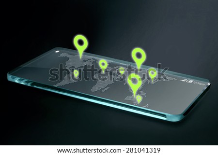 Map and navigation icons on transparent smartphone screen . GPS or Global Positioning System is a network of orbiting satellites that send precise details of their position in space back to earth.
