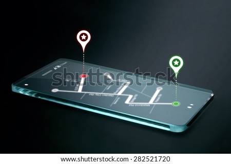 Map and navigation icons on transparent smartphone screen. GPS or Global Positioning System is a network of orbiting satellites that send precise details of their position in space back to earth.