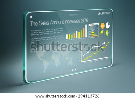 Transparent tablet with colorful business information on screen, representing business growth. Chart are white, yellow, orange and green color and the background is blue color.