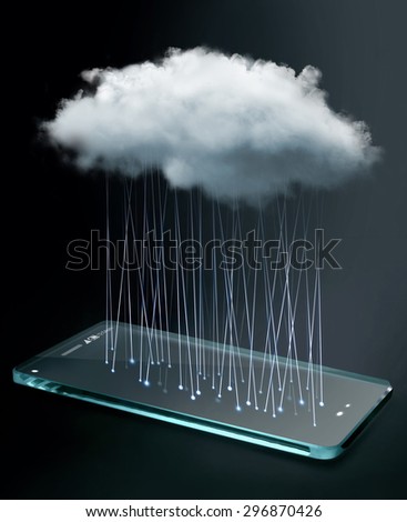 Transparent smartphone with cloud computing technology.  Cloud computing is a general term for the delivery of hosted services over the Internet.