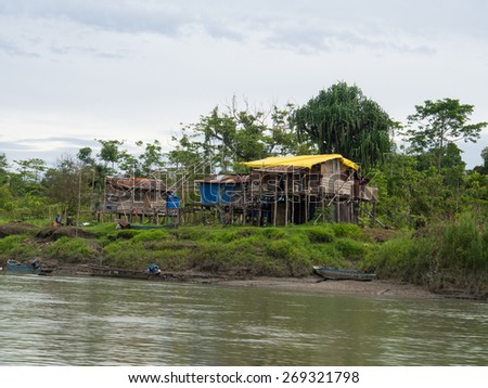 Dekai, Indonesia - January 13, 2015: Houses on the trees. That way Koroway tribe builds houses in Papua