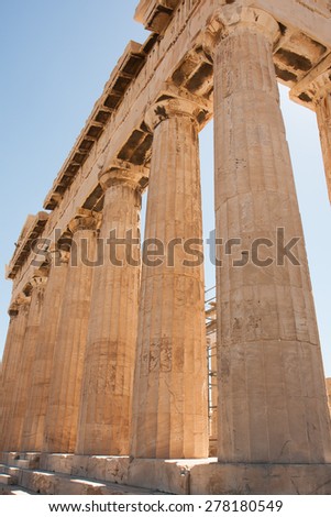 Athens, Greece- April 03, 2015: Marble columns of the ancient Parthenon building