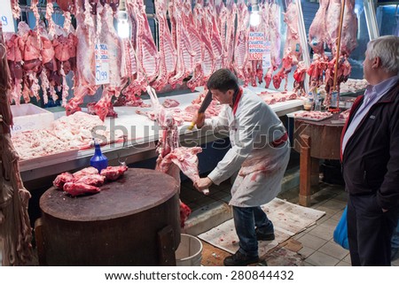 Athens, Greece, - April 06, 2015: City Market. Sellers are promoting their fresh meat.