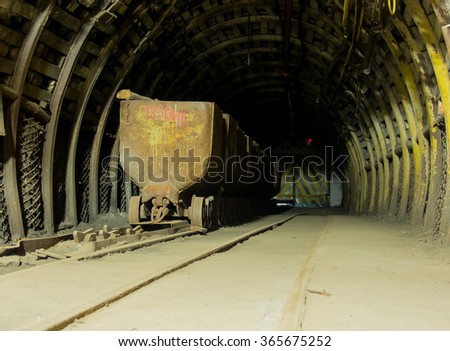 Ruda Slaska, Poland - November 05, 2015:  Coal mine. A cart full of coal  in a mine tunnel