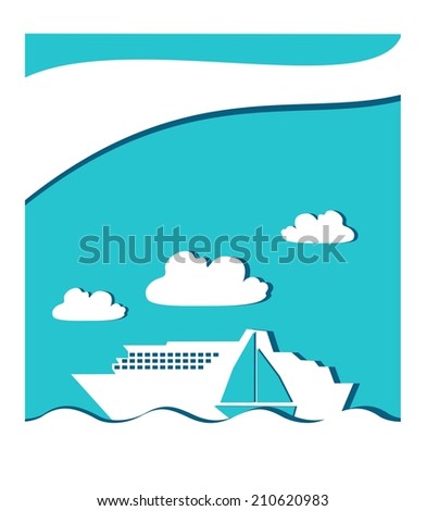 icon graphic seascape with ferry boat and sail boat in white frame