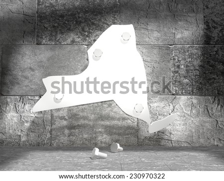 concrete blocks empty room with clear outline new york state map attached to wall by bolts