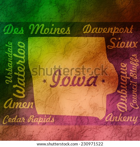 textured gradient outline iowa state map with cities names