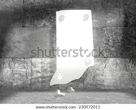 concrete blocks empty room with clear outline indiana state map attached to wall by bolts