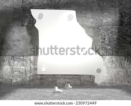 concrete blocks empty room with clear outline missouri state map attached to wall by bolts