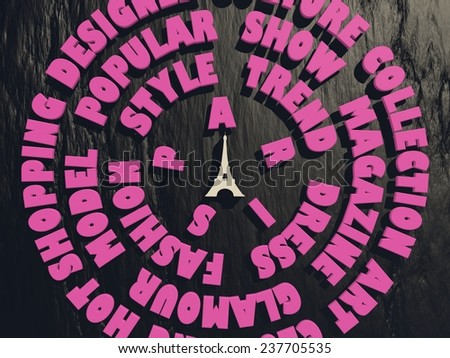 circles from fashion relative pink tags around eiffel tower icon on black stone relief surface