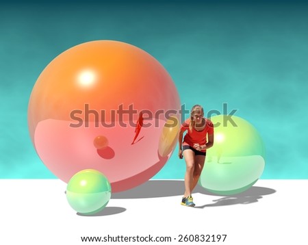 teen girl in sport wear run out from huge spheres