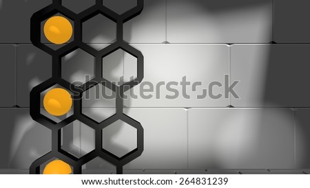 empty grey cement interior with geometry shapes and honeycomb