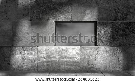concrete blocks empty room with hole in the wall with grey sky view