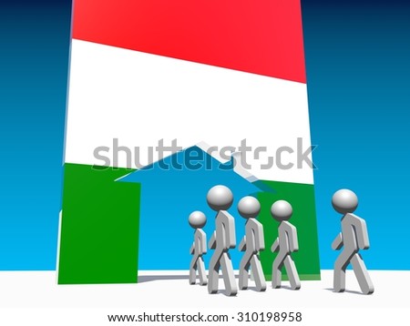 Image relative to migration from africa to european union. Humans go to home icon textured by hungary flag.