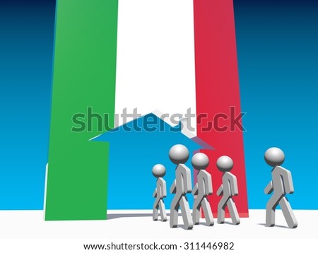 Image relative to migration from africa to european union. Humans go to home icon textured by italy flag.