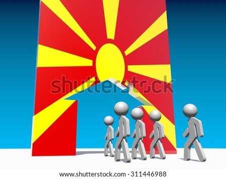 Image relative to migration from africa to european union. Humans go to home icon textured by macedonia flag.