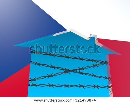 Image relative to migration from africa to european union. barbed wire closed home icon textured by czech flag.