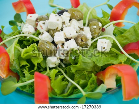 Salad with feta cheese and olives on a teal glass plate