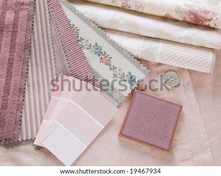 Rosy pink interior design plan - handcrafted ceramic tile with fabric and paint color swatches