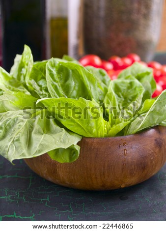 Fresh basil in a wooden bowl with cherry tomatoes in the background. Shallow DOF, front basil leaves and a water drop on the side of the bowl are focus point.