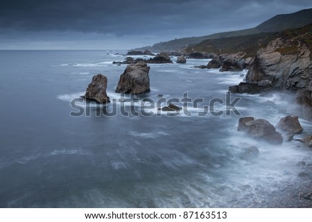 Evening surf at the rocky coast of Garrapata State Park on the Pacific coast of California