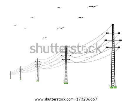 high voltage power lines and birds on white background
