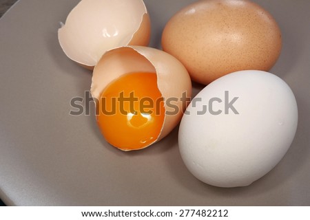 broken egg shell with yolk and untouched two eggs on plate