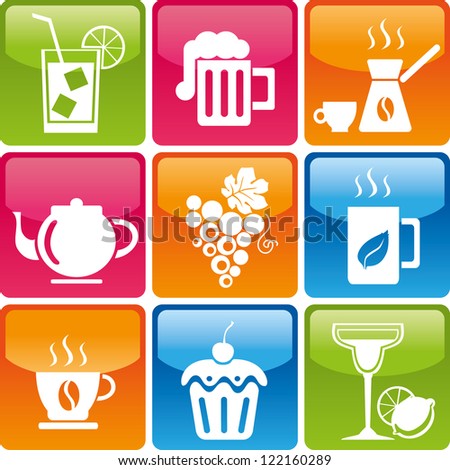 Set of drinks and food icons: cocktail, beer, coffee, tea, grapes, cup, cake, candy, sweets, mojitos, margaritas