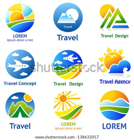 Set of travel business concept. Symbols and emblems for travel agency, airlines, tourism, adventure and expedition.