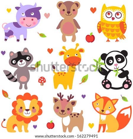 Vector illustration of cute animals cow bear owl raccoon giraffe panda lion deer and fox Vector illustration of cute animals cow bear owl raccoon giraffe panda lion deer and fox
