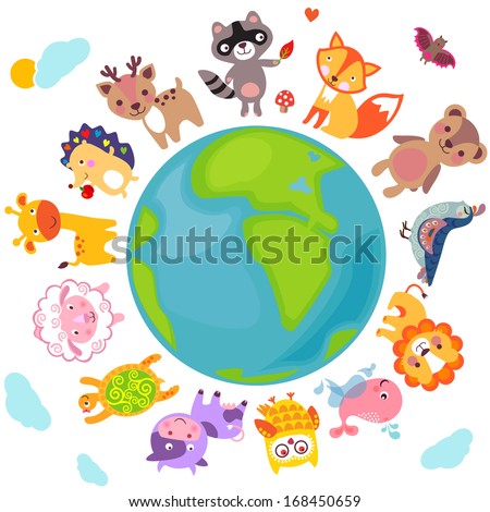 Cute animals walking around globe, Save animals emblem, animal planet, animals world.