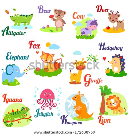 Cute animal alphabet for ABC book. Vector illustration of cartoon animals. A,b, c, d, e, f, g, h, i, j, k, l