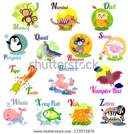 Cute Animal Alphabet For Abc Book. Vector Illustration Of Cartoon Animals. M, N, O, P, Q, R, S, T, U, V, W, X, Y, Z Letters