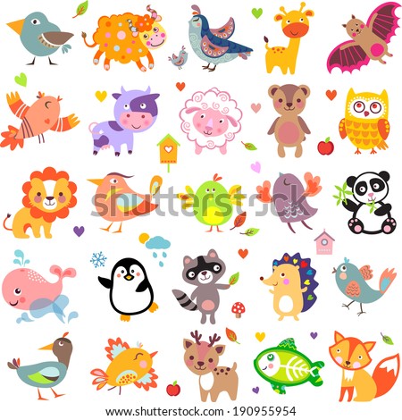Vector illustration of cute animals and birds Yak quail giraffe vampire bat cow sheep bear owl raccoon hedgehog whale panda lion deer x-ray fish fox dove crow chicken duck quail Vector illustration of cute animals and birds Yak quail giraffe vampire bat cow sheep bear owl raccoon hedgehog whale panda lion deer x-ray fish fox dove crow chicken duck quail