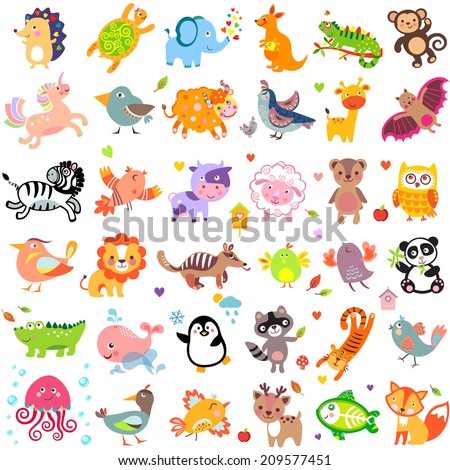 Vector illustration of cute animals and birds: quail, giraffe, vampire bat, cow, sheep, bear, owl, whale, panda, lion, fox, quail, tiger, turtle, kangaroo, monkey, jellyfish, unicorn, numbat, jungle