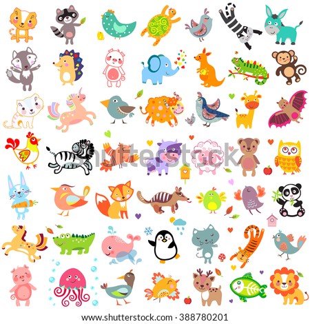 Vector illustration of cute animals and birds: Yak, quail, giraffe, cow, sheep, bear, owl, whale, panda, x-ray fish, chicken, quail, iguana, jellyfish, unicorn, numbat. Cute animals set. Cute animals