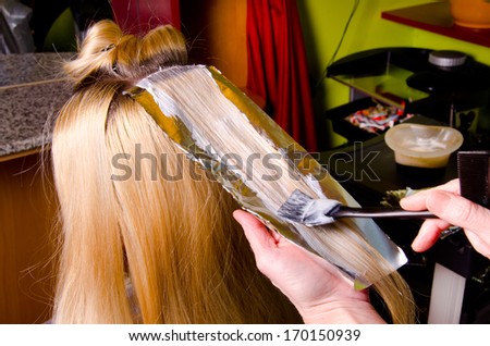 Hairdresser painting the young blond woman\'s hair.