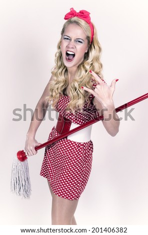 Retro, funny housewife holding swab. Vintage style.