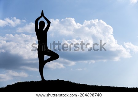 Pretty woman doing yoga exercises in the park. silhouette.