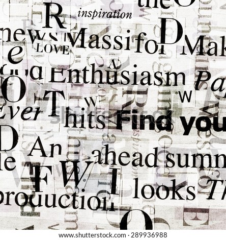Designed background. Handmade collage made of newspaper and magazine clippings of mixed words in black and white